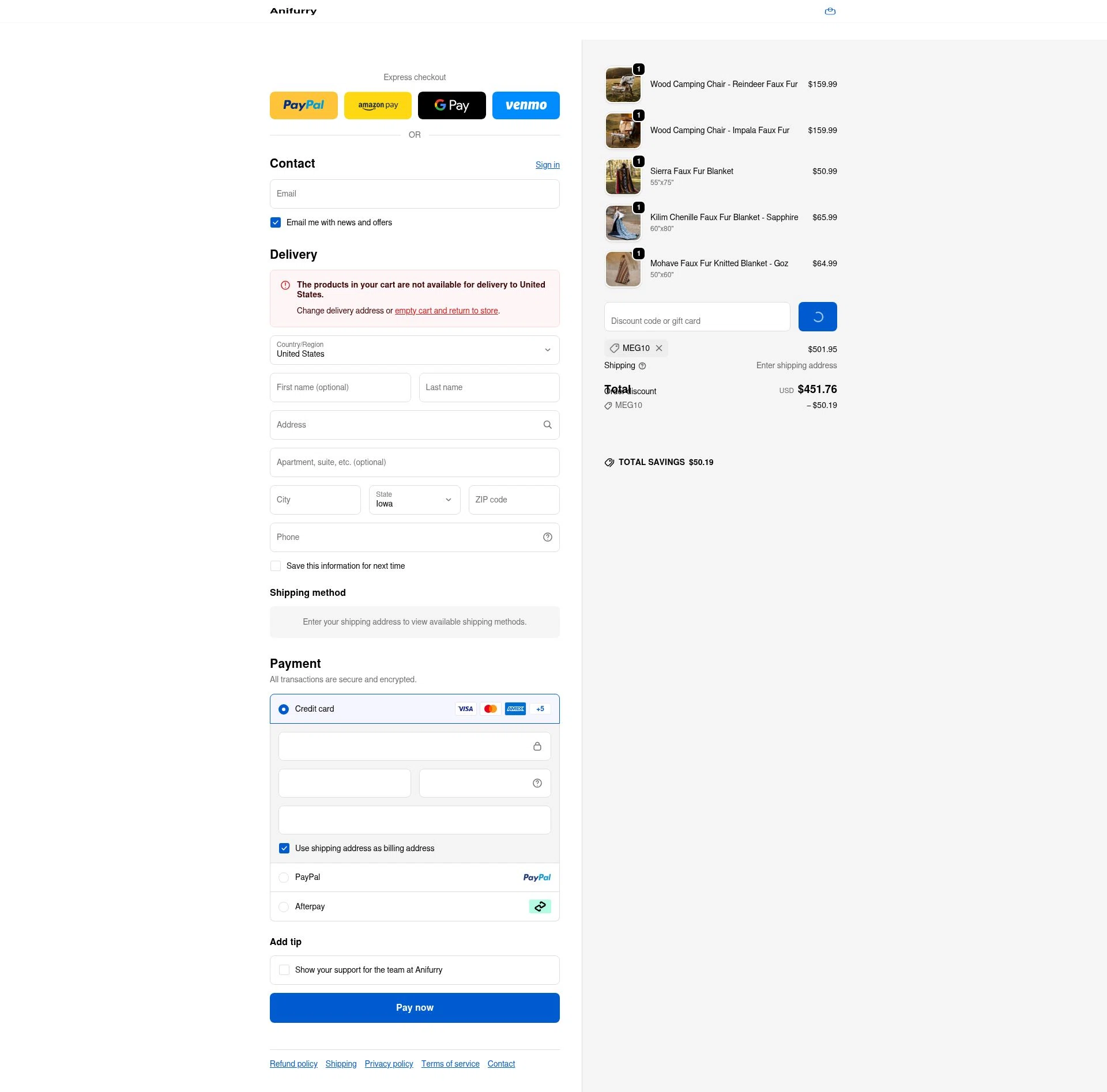 Anifurry checkout page showing Anifurry discount code box | Screenshot taken by SimplyCodes community member on Jan 3, 2026