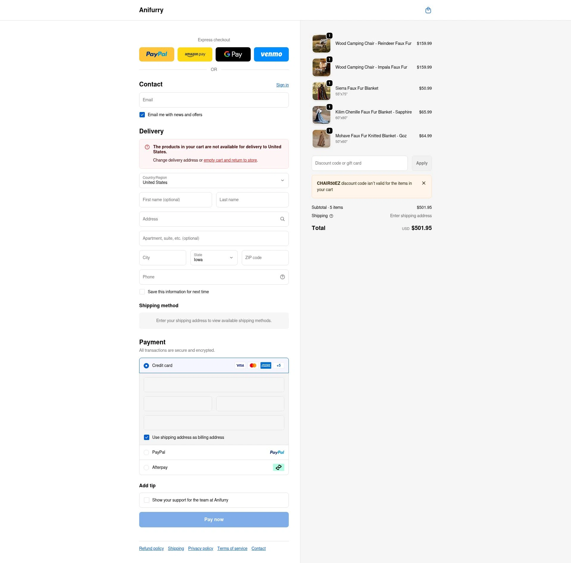 Anifurry checkout page showing Anifurry discount code box | Screenshot taken by SimplyCodes community member on Jan 3, 2026