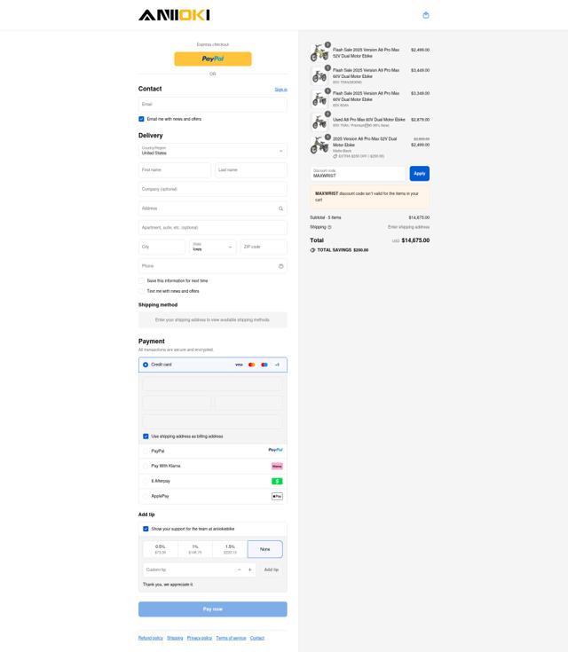 Aniioki checkout page showing Aniioki discount code box | Screenshot taken by SimplyCodes community member on Sep 12, 2025
