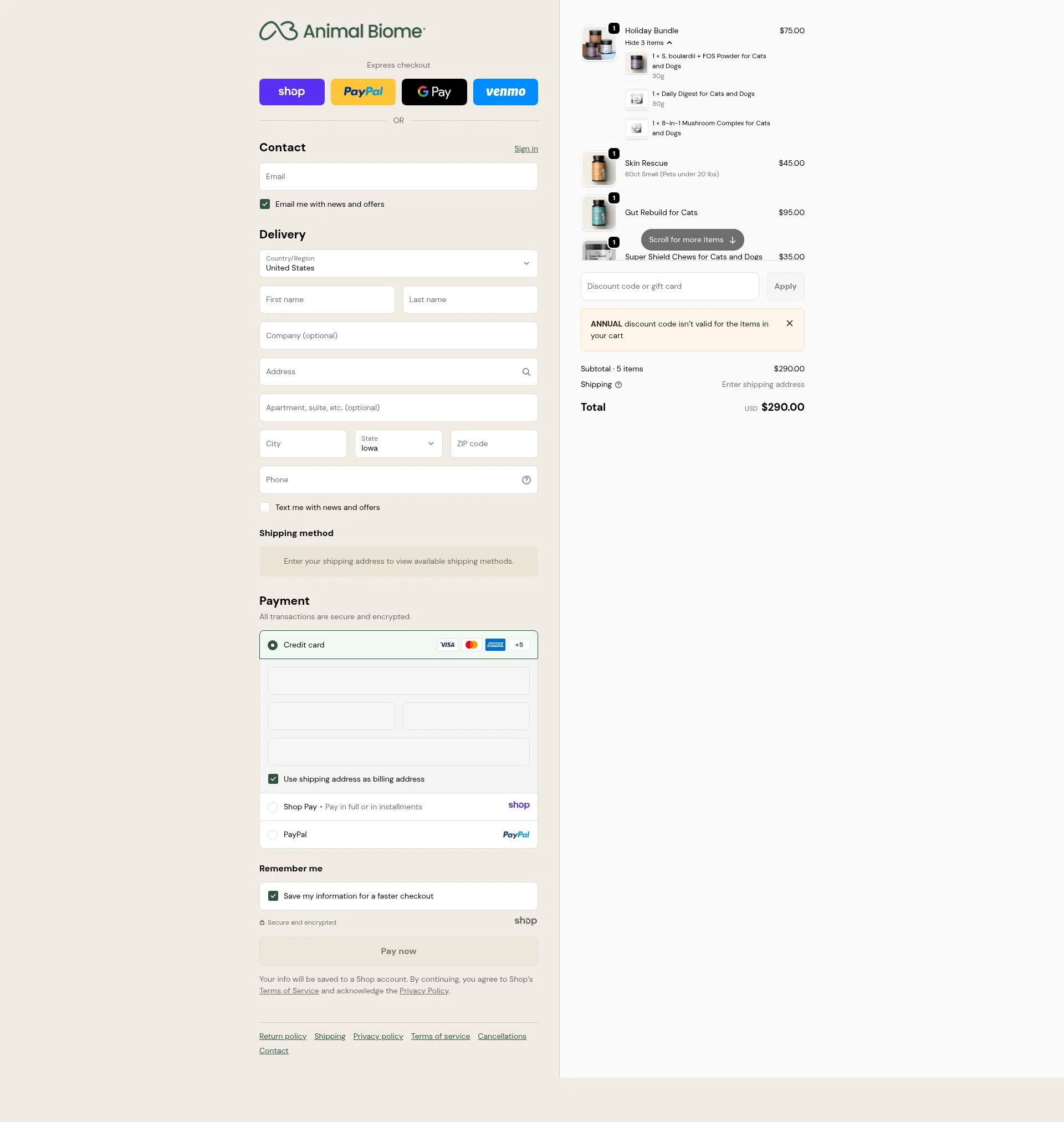 AnimalBiome checkout page showing AnimalBiome discount code box | Screenshot taken by SimplyCodes community member on Dec 23, 2025