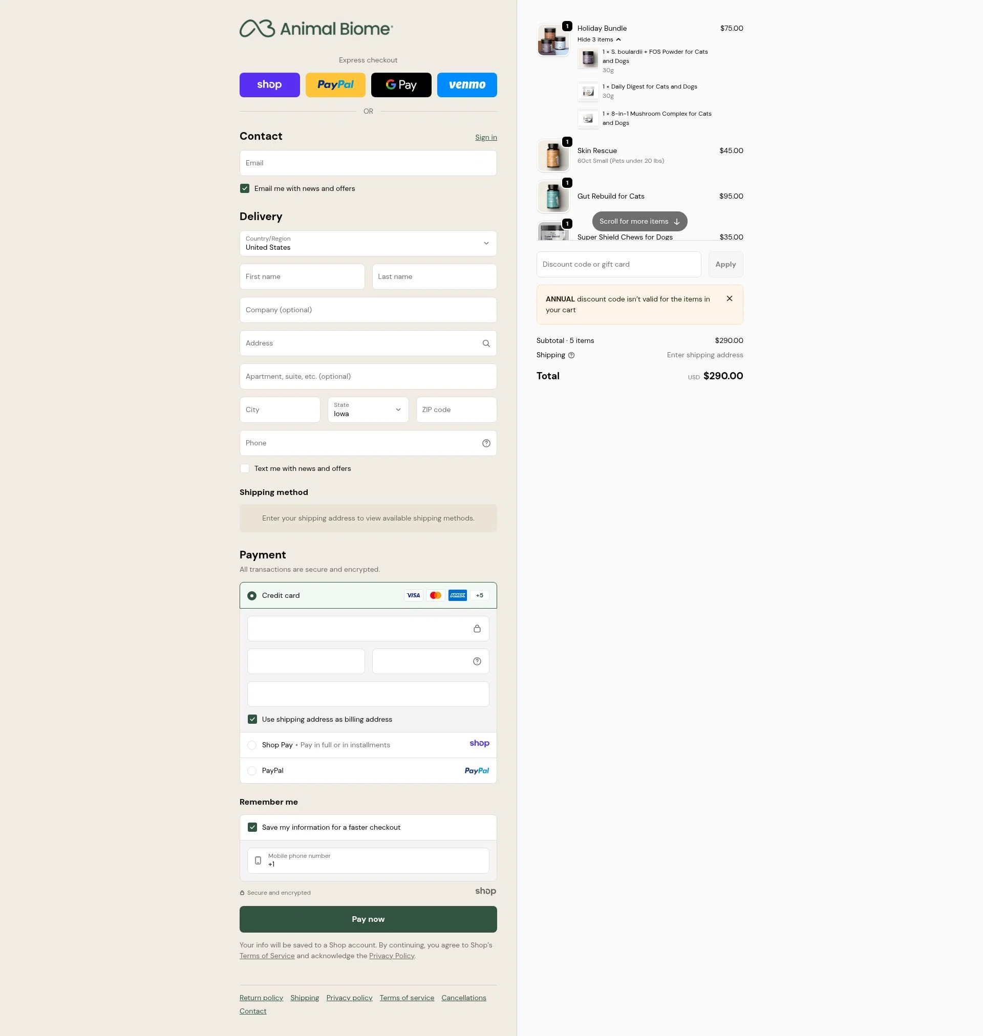 AnimalBiome checkout page showing AnimalBiome discount code box | Screenshot taken by SimplyCodes community member on Jan 2, 2026