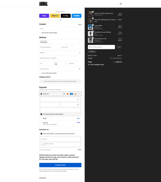 Animal Pak checkout page showing Animal Pak discount code box | Screenshot taken by SimplyCodes community member on Sep 7, 2025
