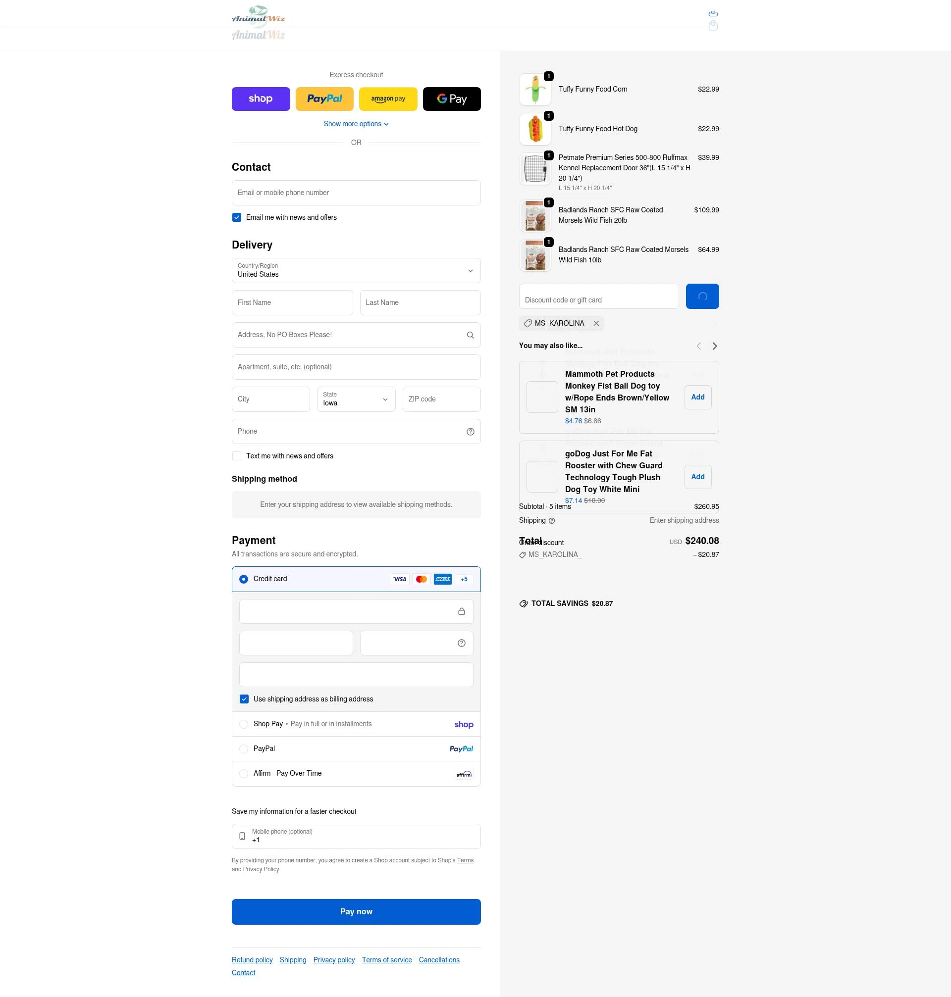 AnimalWiz checkout page showing AnimalWiz promo code box | Screenshot taken by SimplyCodes community member on Feb 4, 2026