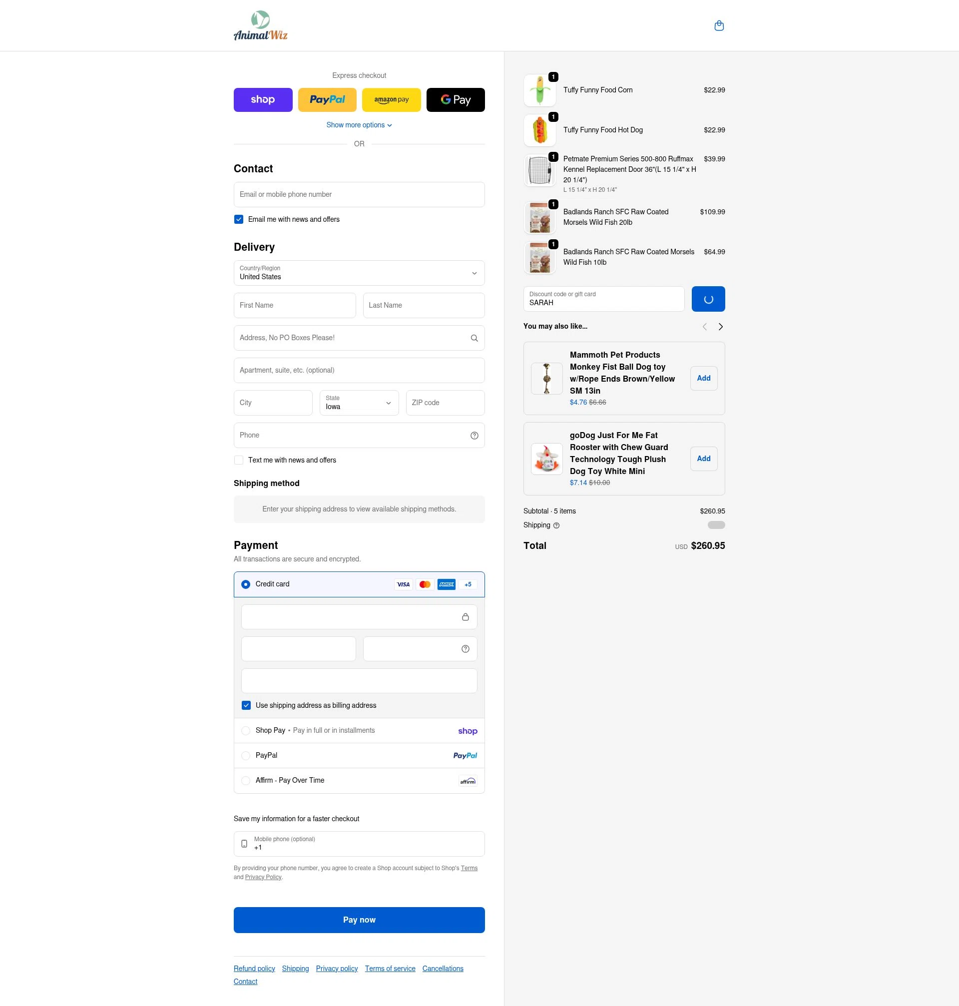 AnimalWiz checkout page showing AnimalWiz promo code box | Screenshot taken by SimplyCodes community member on Feb 4, 2026