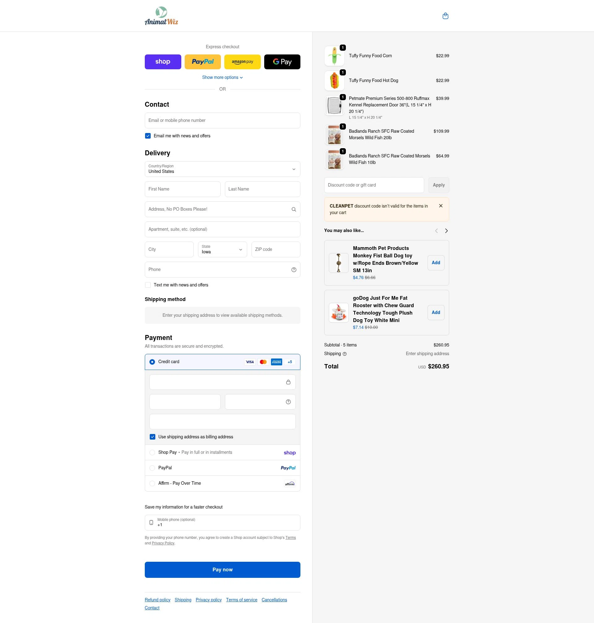 AnimalWiz checkout page showing AnimalWiz promo code box | Screenshot taken by SimplyCodes community member on Feb 4, 2026