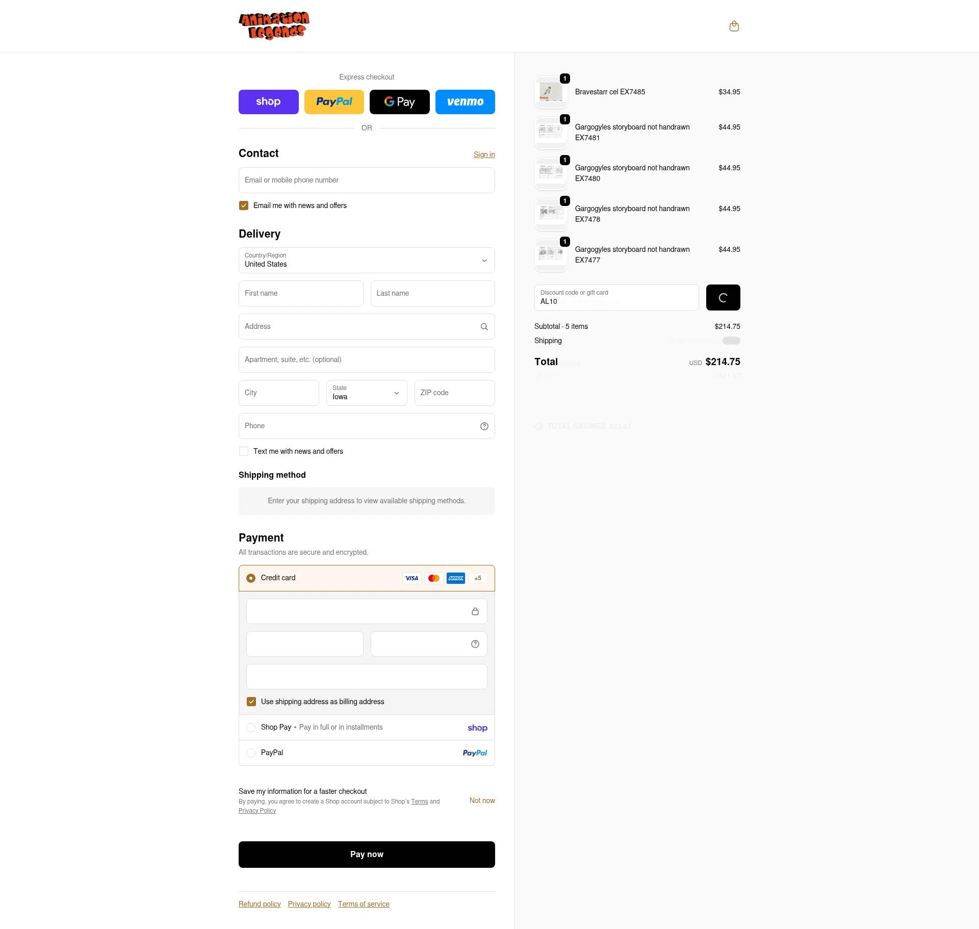 Animation Legends checkout page showing Animation Legends discount code box | Screenshot taken by SimplyCodes community member on Feb 18, 2026