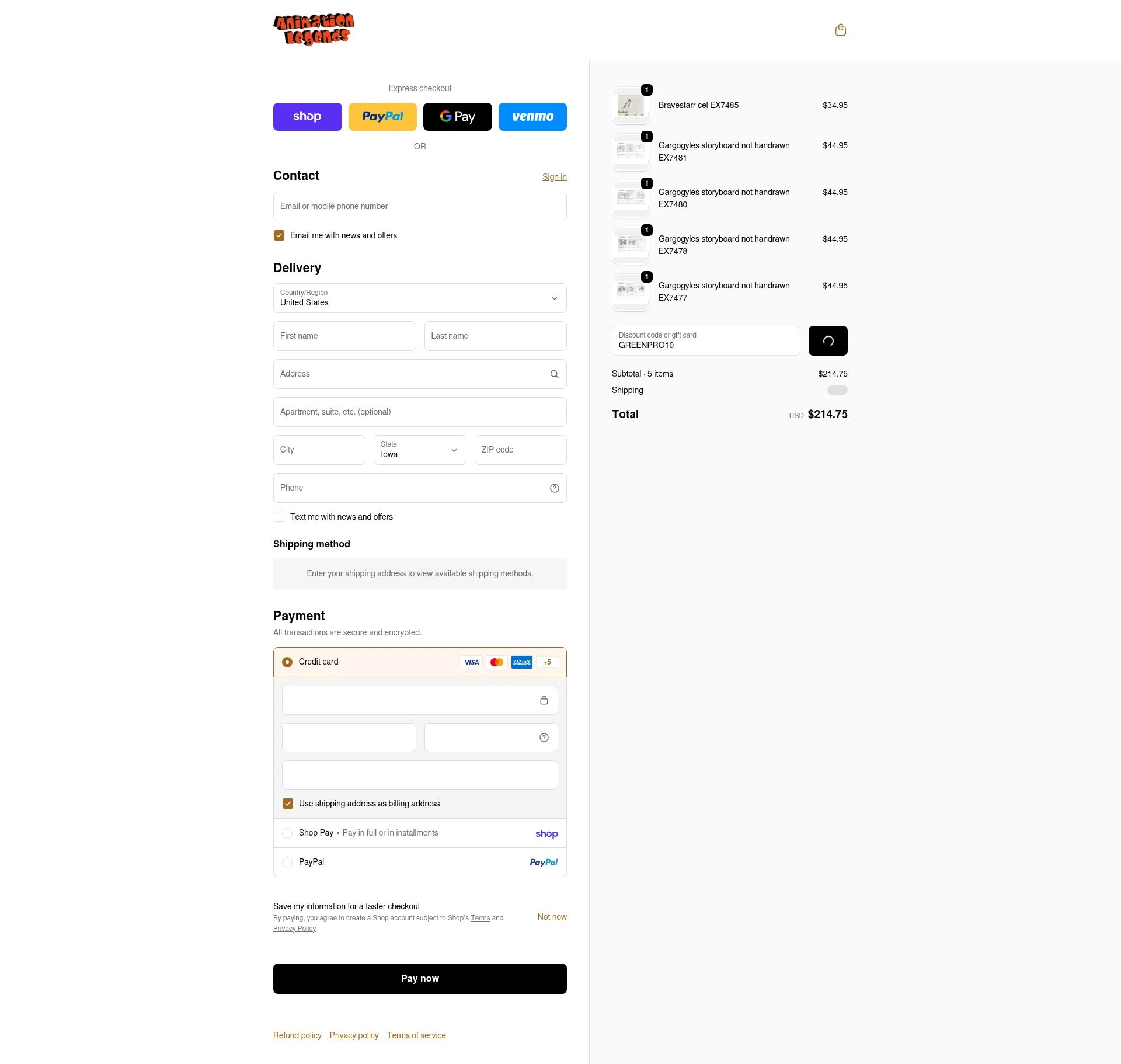 Animation Legends checkout page showing Animation Legends discount code box | Screenshot taken by SimplyCodes community member on Feb 18, 2026