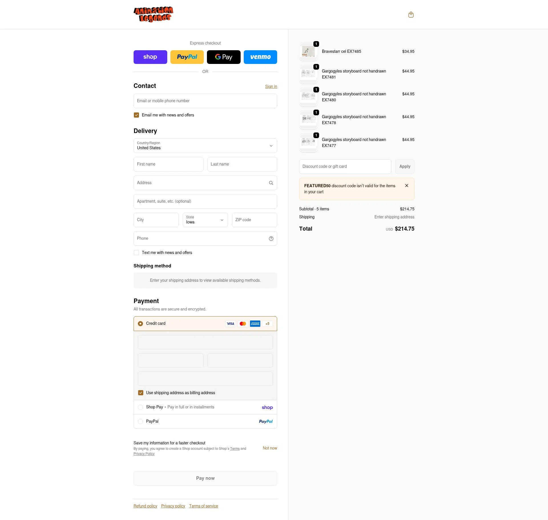 Animation Legends checkout page showing Animation Legends discount code box | Screenshot taken by SimplyCodes community member on Feb 18, 2026