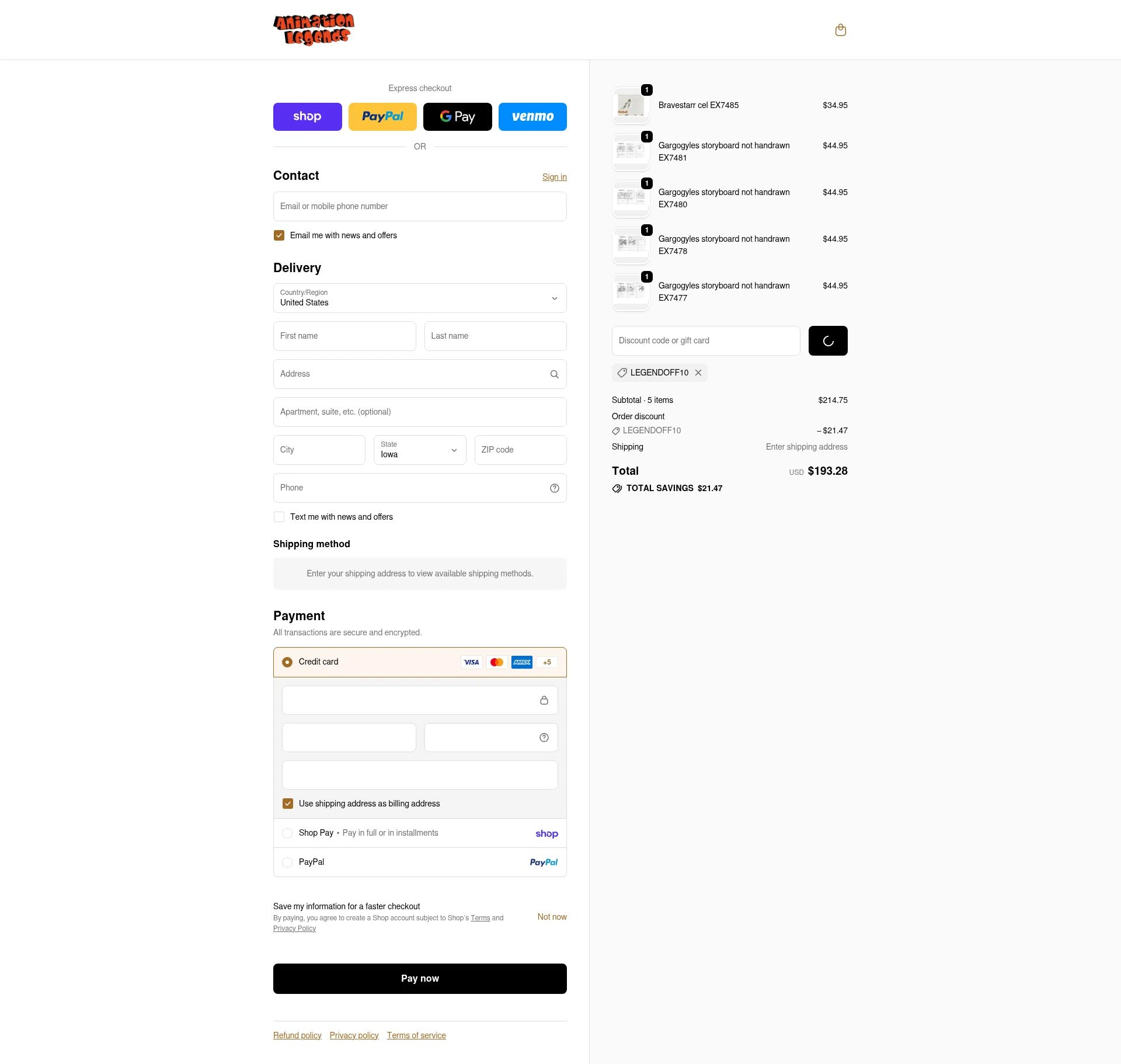 Animation Legends checkout page showing Animation Legends discount code box | Screenshot taken by SimplyCodes community member on Feb 18, 2026