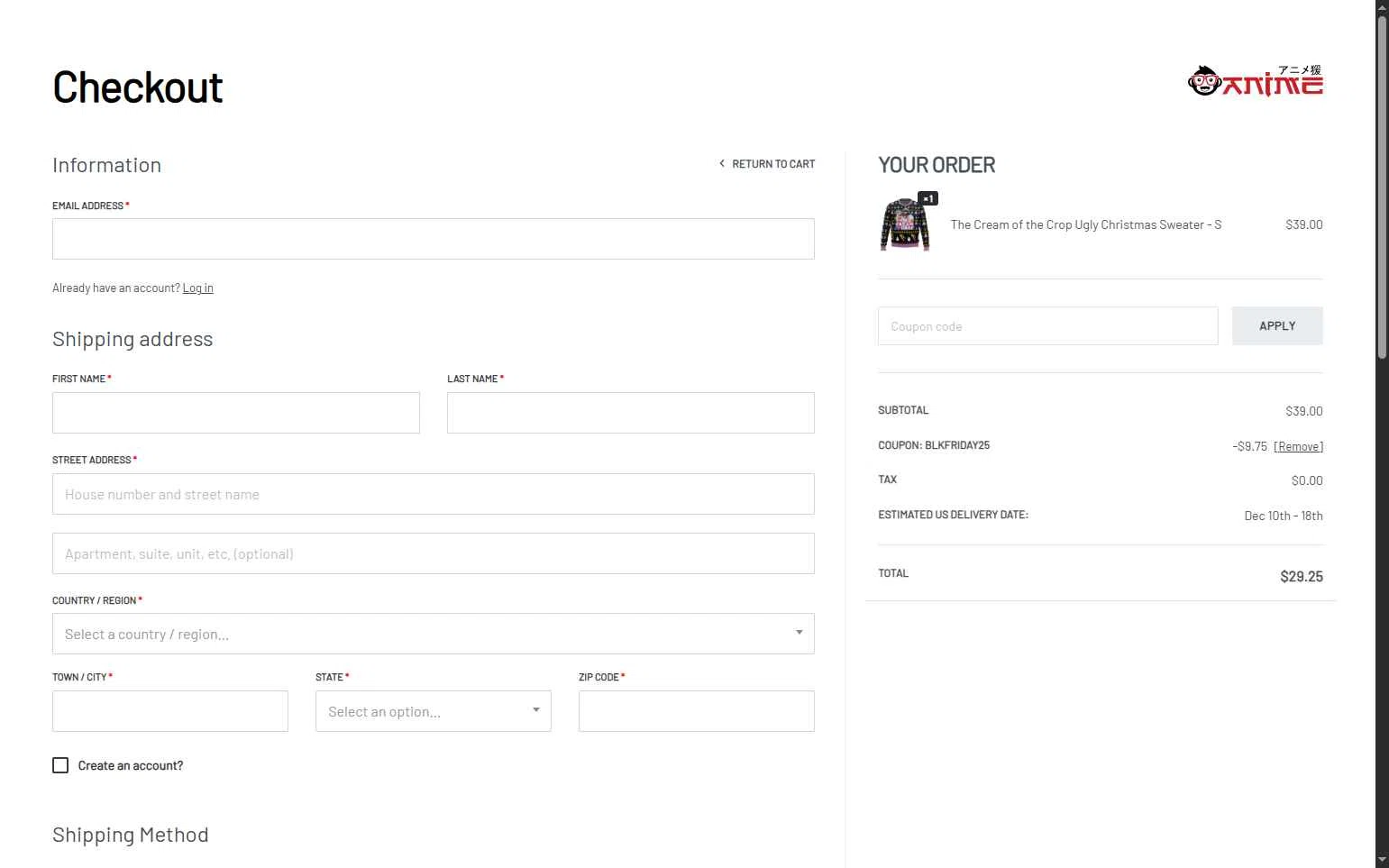 Anime Ape checkout page showing Anime Ape coupon code box | Screenshot taken by SimplyCodes community member on Nov 29, 2025