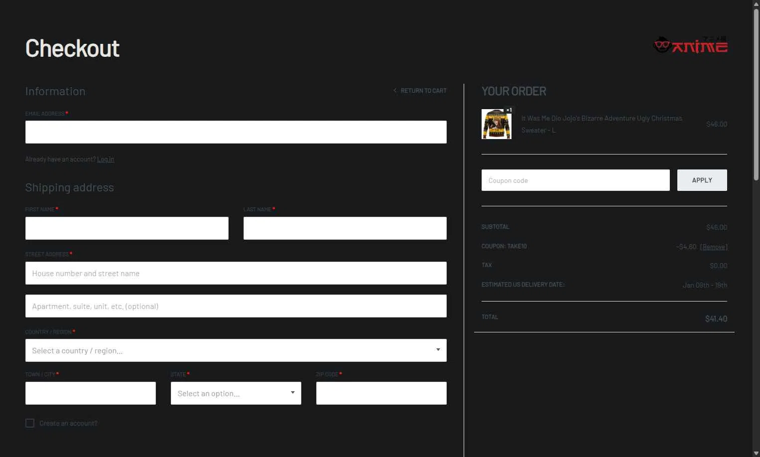 Anime Ape checkout page showing Anime Ape coupon code box | Screenshot taken by SimplyCodes community member on Dec 30, 2025