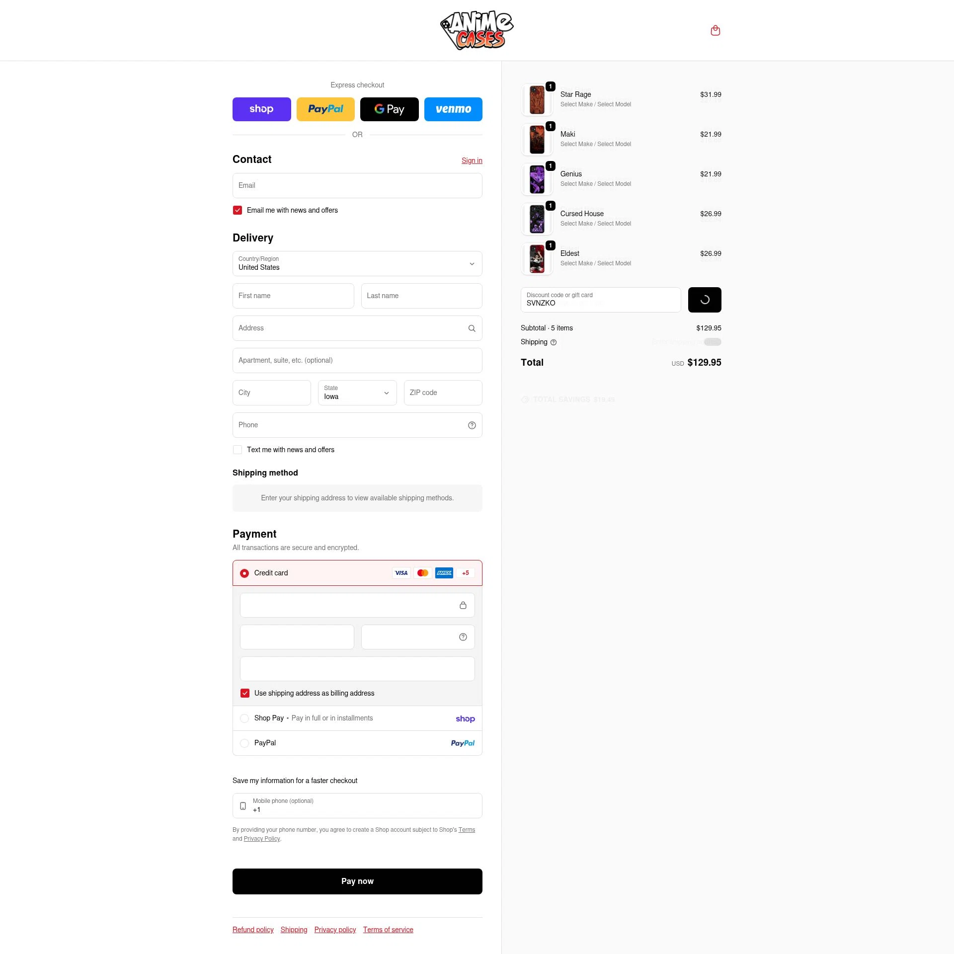 Anime Cases checkout page showing Anime Cases discount code box | Screenshot taken by SimplyCodes community member on Feb 11, 2026