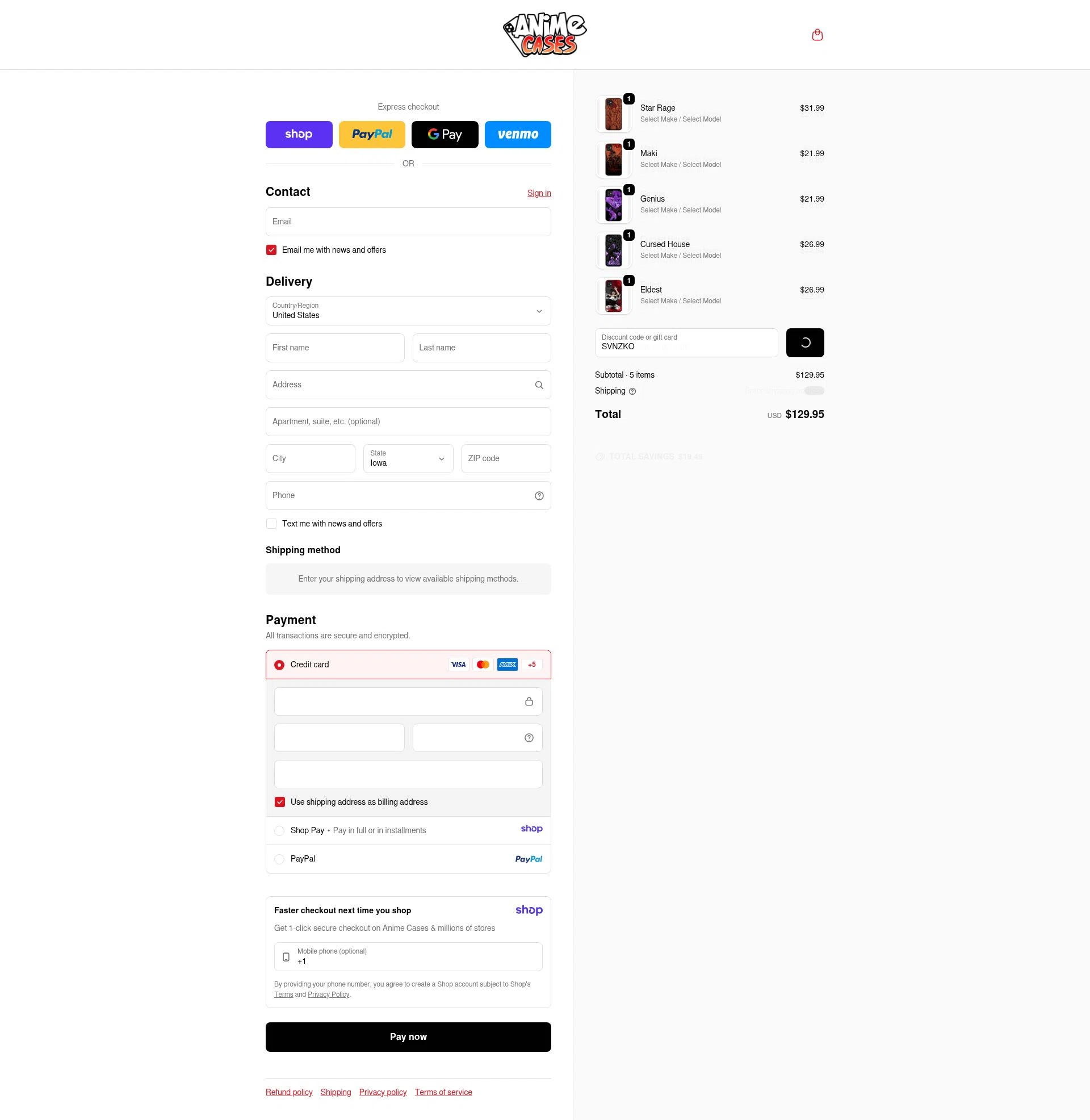 Anime Cases checkout page showing Anime Cases discount code box | Screenshot taken by SimplyCodes community member on Jan 9, 2026