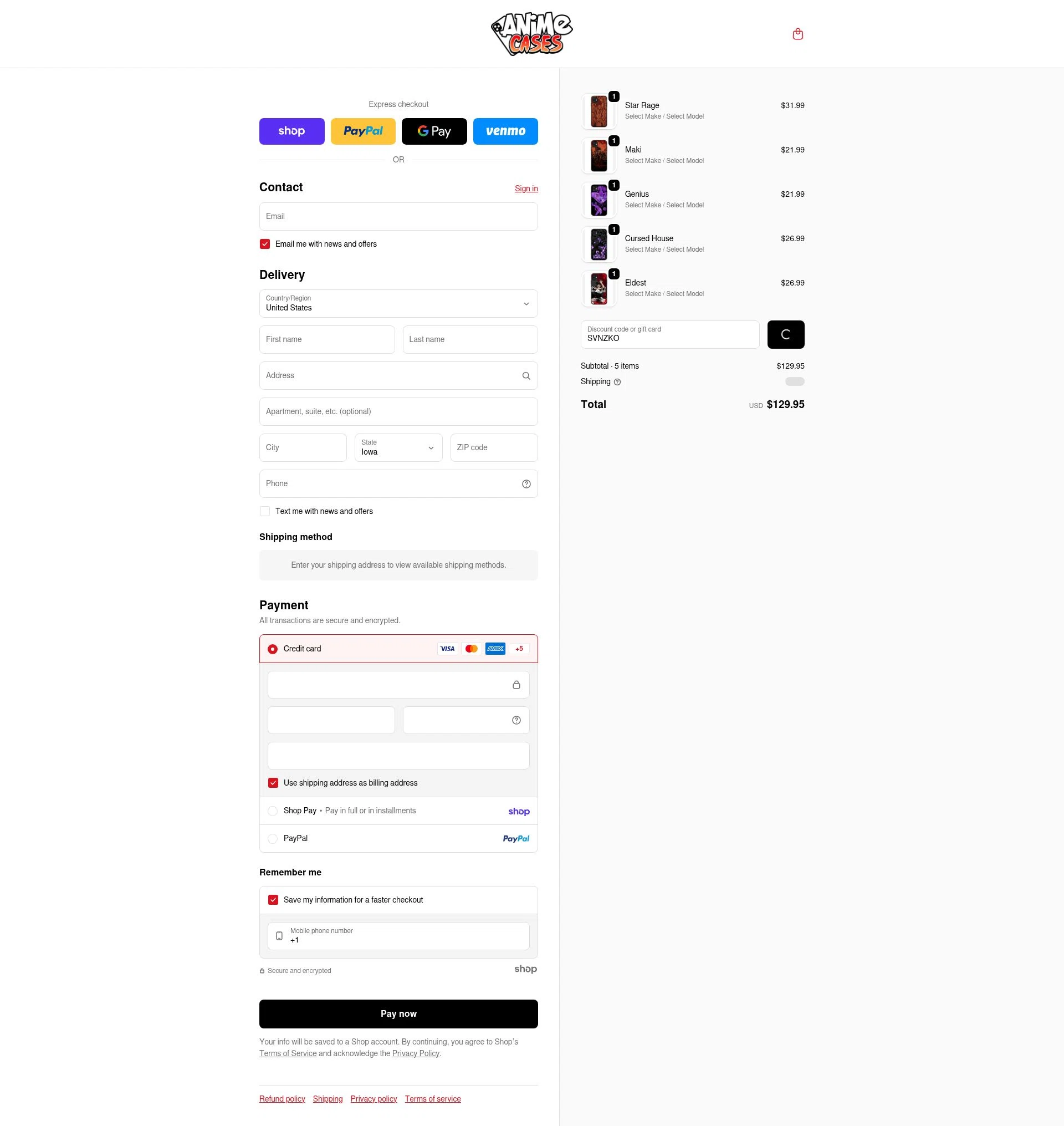 Anime Cases checkout page showing Anime Cases discount code box | Screenshot taken by SimplyCodes community member on Jan 24, 2026