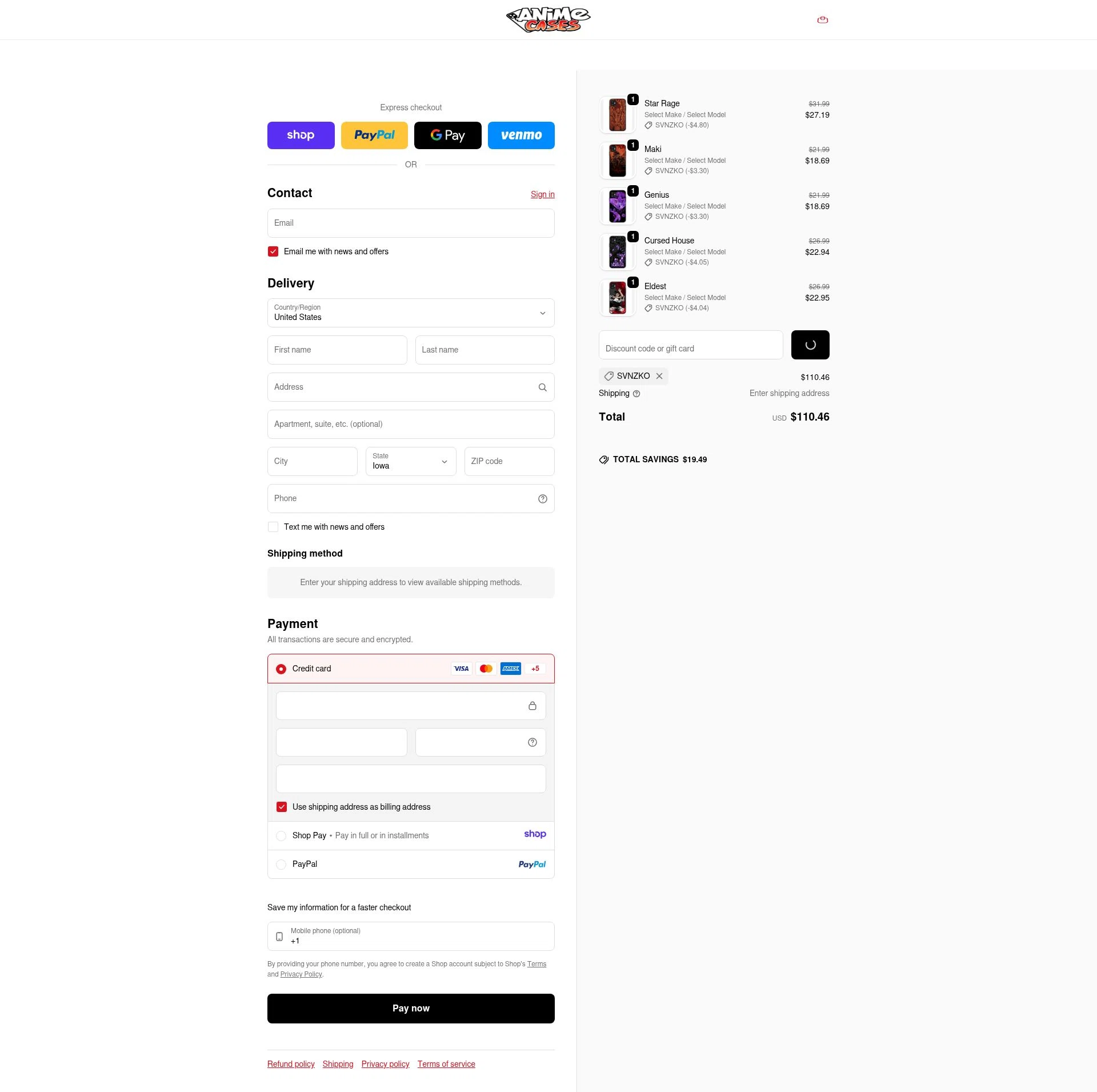 Anime Cases checkout page showing Anime Cases discount code box | Screenshot taken by SimplyCodes community member on Jan 19, 2026