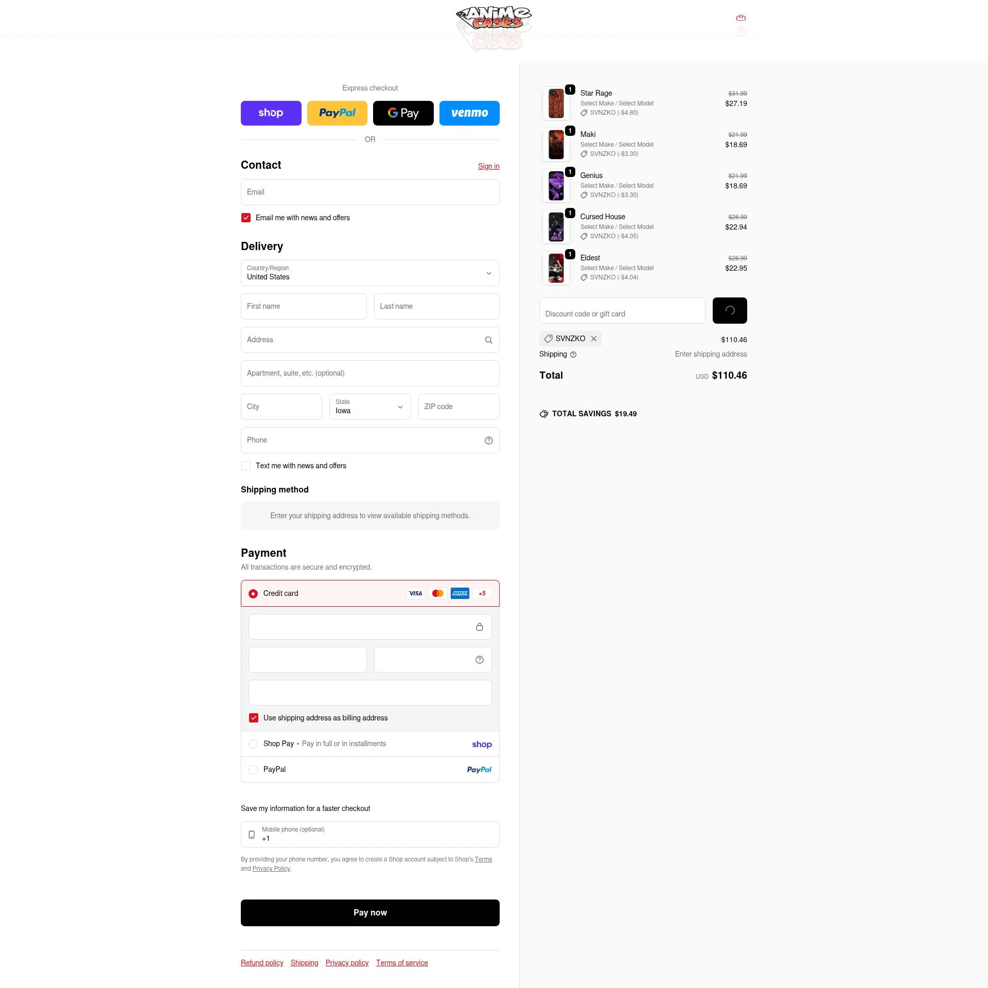 Anime Cases checkout page showing Anime Cases discount code box | Screenshot taken by SimplyCodes community member on Feb 6, 2026