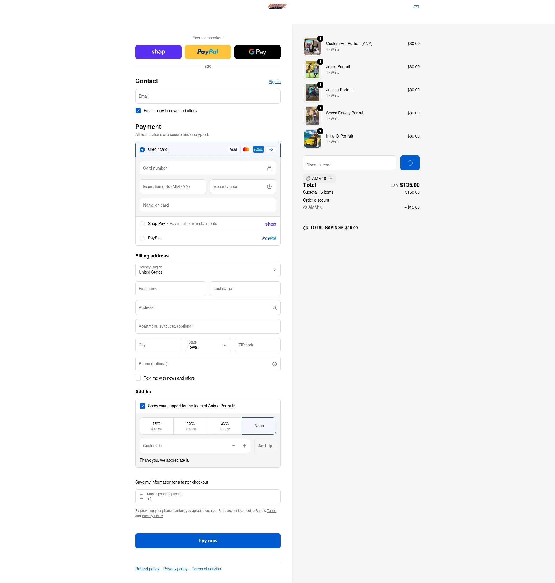 Anime Portraits checkout page showing Anime Portraits discount code box | Screenshot taken by SimplyCodes community member on Feb 8, 2026