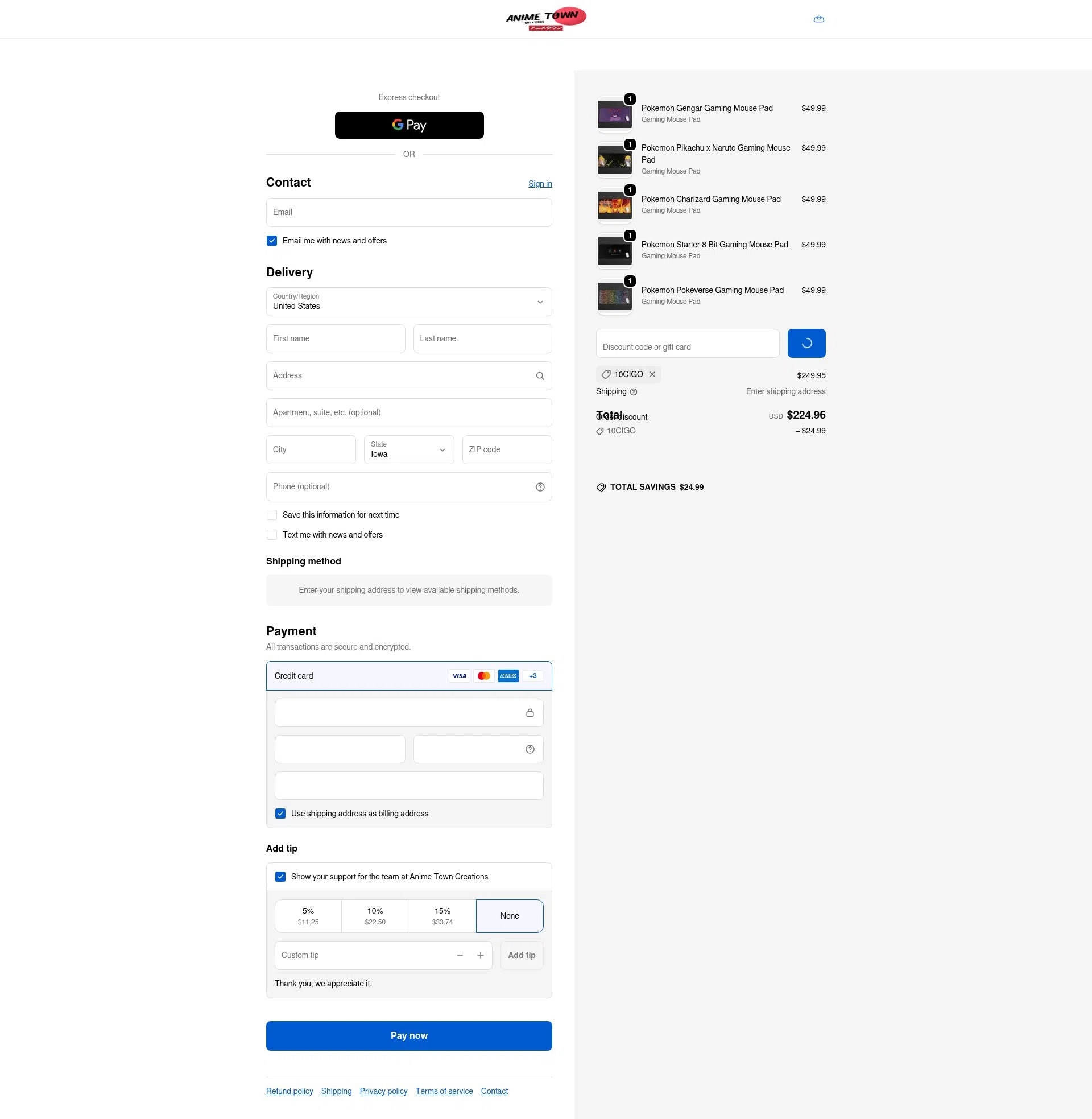 Anime Town Creations checkout page showing Anime Town Creations discount code box | Screenshot taken by SimplyCodes community member on Feb 7, 2026