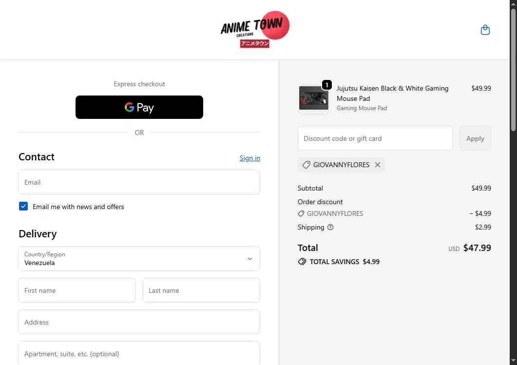 Anime Town Creations checkout page showing Anime Town Creations discount code box | Screenshot taken by SimplyCodes community member on Feb 10, 2026