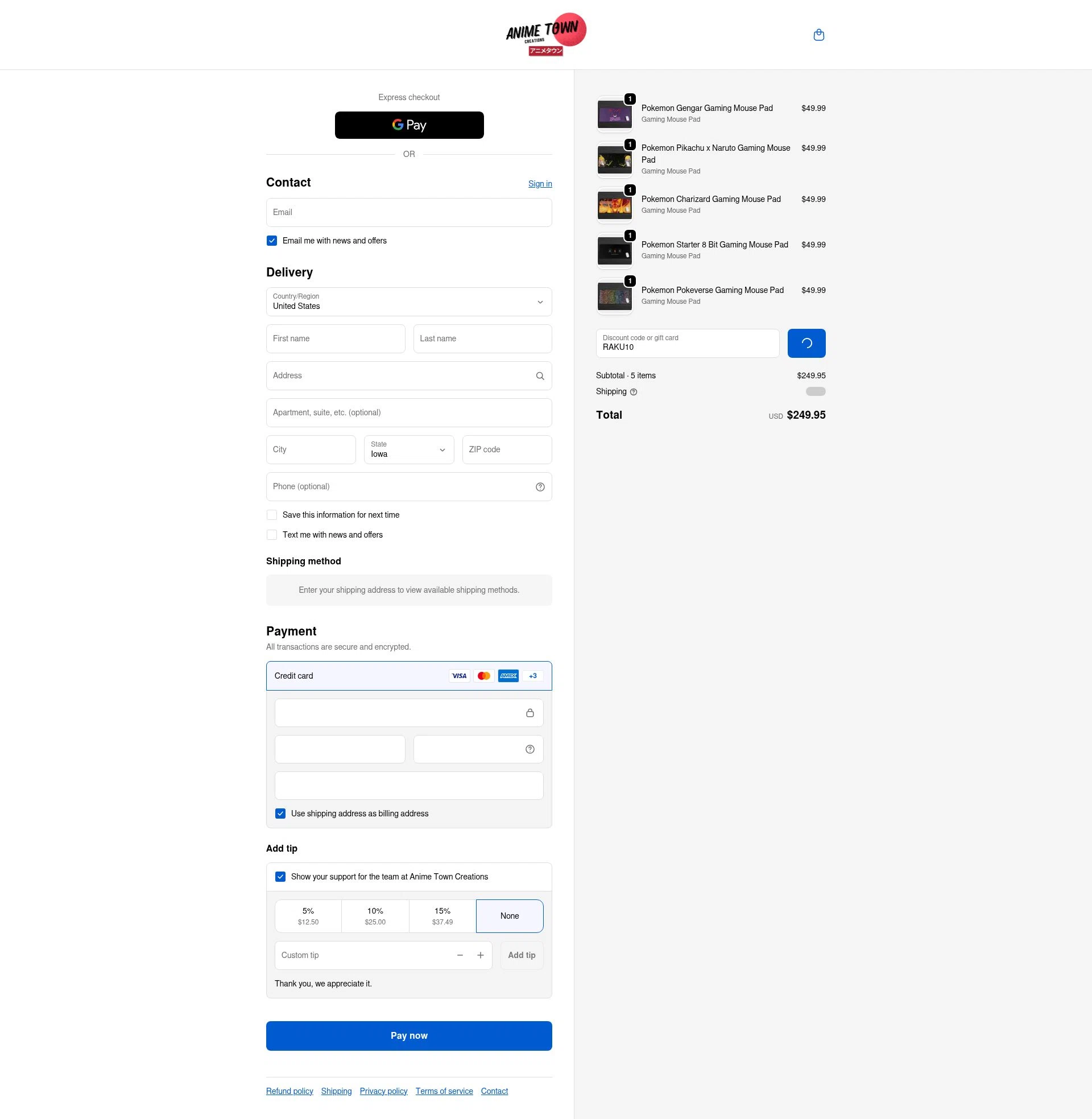 Anime Town Creations checkout page showing Anime Town Creations discount code box | Screenshot taken by SimplyCodes community member on Feb 7, 2026