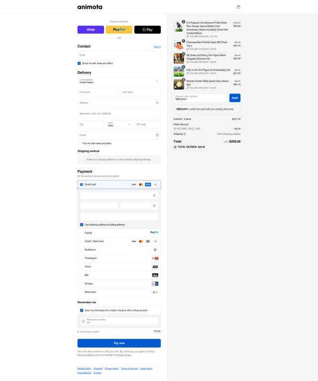 Animota checkout page showing Animota promo code box | Screenshot taken by SimplyCodes community member on Sep 11, 2025