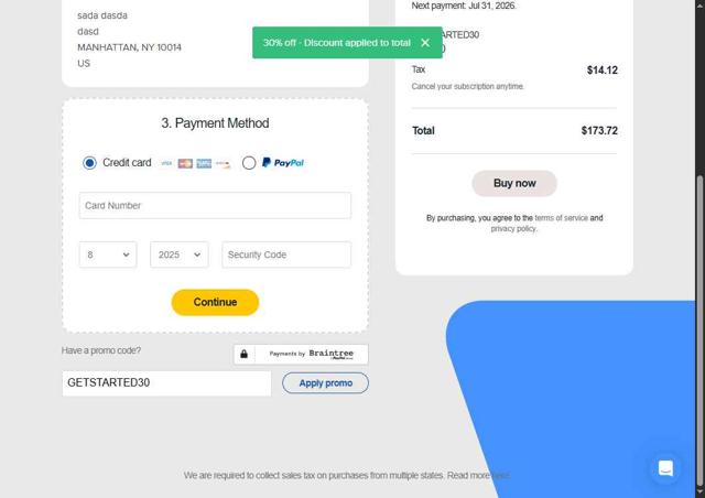 Animoto checkout page showing Animoto promo code box | Screenshot taken by SimplyCodes community member on Aug 1, 2025