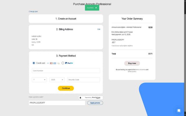 Animoto checkout page showing Animoto promo code box | Screenshot taken by SimplyCodes community member on Jul 14, 2025