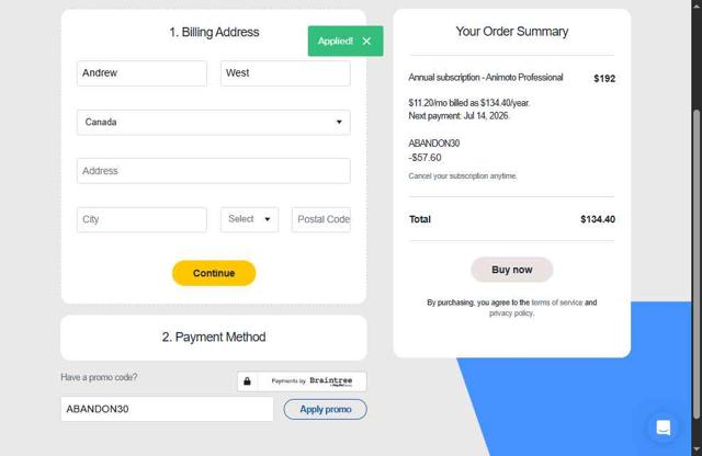 Animoto checkout page showing Animoto promo code box | Screenshot taken by SimplyCodes community member on Jul 15, 2025