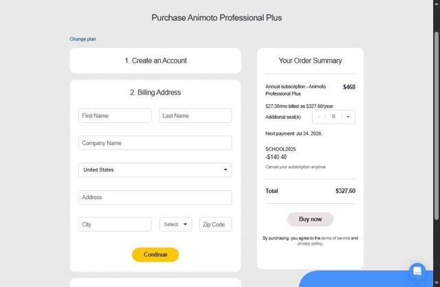Animoto checkout page showing Animoto promo code box | Screenshot taken by SimplyCodes community member on Jul 25, 2025