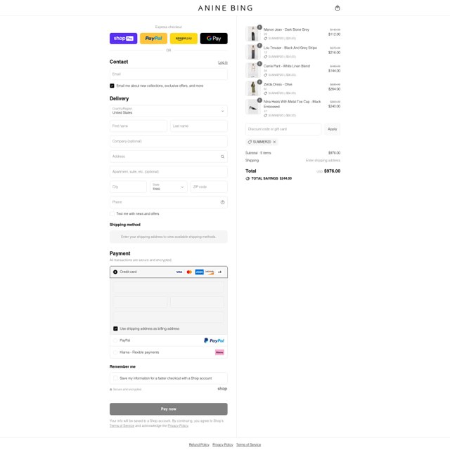 Anine Bing checkout page showing Anine Bing discount code box | Screenshot taken by SimplyCodes community member on Jul 22, 2025
