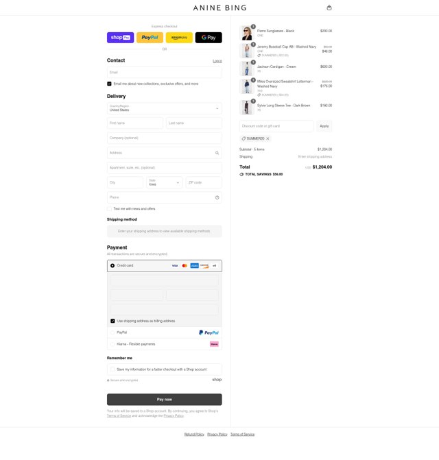 Anine Bing checkout page showing Anine Bing discount code box | Screenshot taken by SimplyCodes community member on Jul 30, 2025