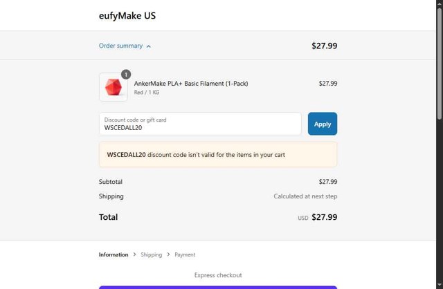 eufyMake checkout page showing eufyMake promo code box | Screenshot taken by SimplyCodes community member on May 10, 2025