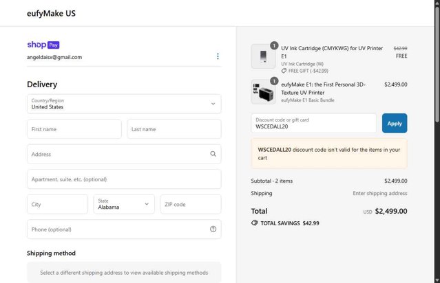 eufyMake checkout page showing eufyMake promo code box | Screenshot taken by SimplyCodes community member on Jul 7, 2025
