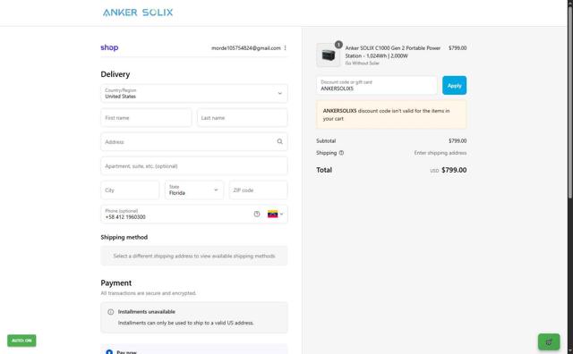 Anker SOLIX checkout page showing Anker SOLIX promo code box | Screenshot taken by SimplyCodes community member on Sep 13, 2025