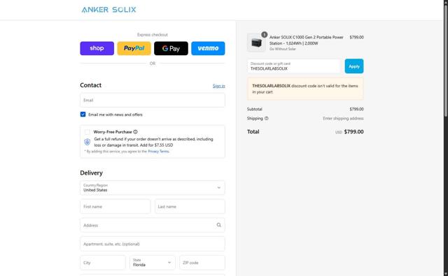 Anker SOLIX checkout page showing Anker SOLIX promo code box | Screenshot taken by SimplyCodes community member on Sep 13, 2025