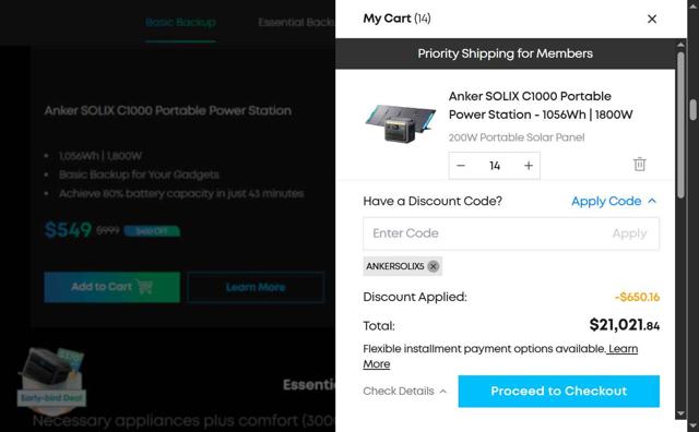 Anker SOLIX checkout page showing Anker SOLIX promo code box | Screenshot taken by SimplyCodes community member on Sep 5, 2025