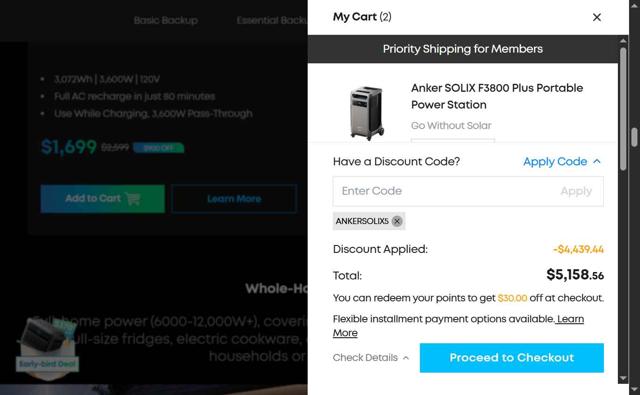 Anker SOLIX checkout page showing Anker SOLIX promo code box | Screenshot taken by SimplyCodes community member on Sep 5, 2025