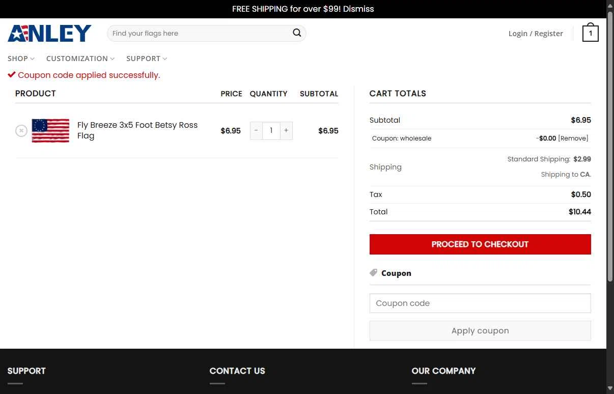 Anley checkout page showing Anley coupon code box | Screenshot taken by SimplyCodes community member on Aug 16, 2025