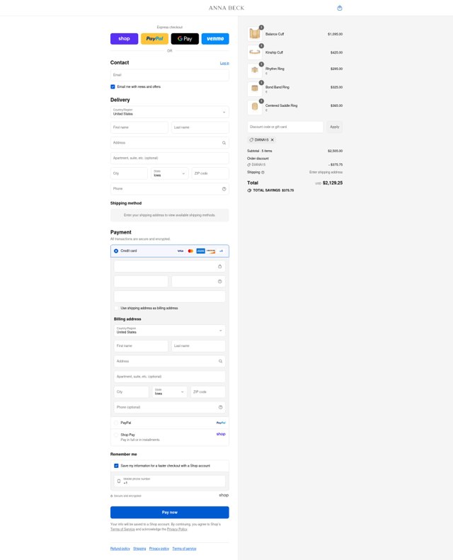 Anna Beck checkout page showing Anna Beck discount code box | Screenshot taken by SimplyCodes community member on Sep 1, 2025