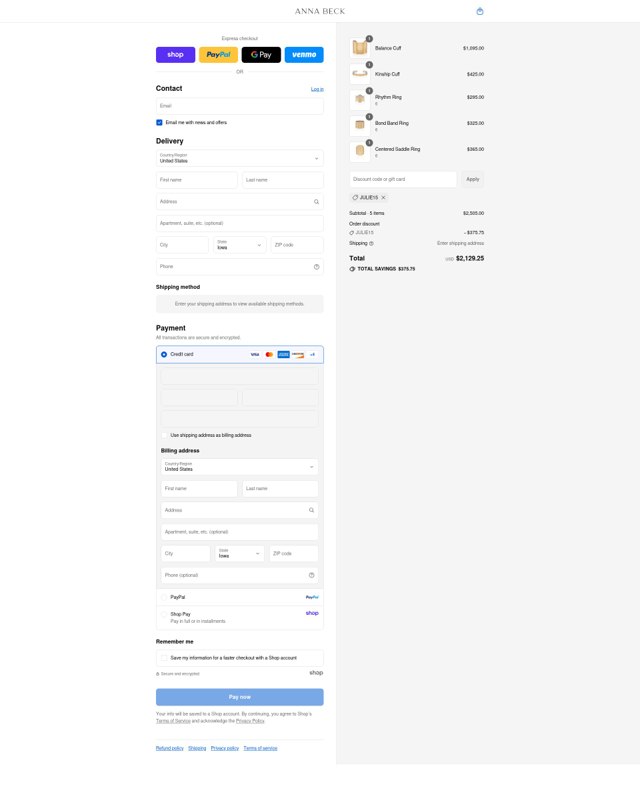 Anna Beck checkout page showing Anna Beck discount code box | Screenshot taken by SimplyCodes community member on Sep 1, 2025