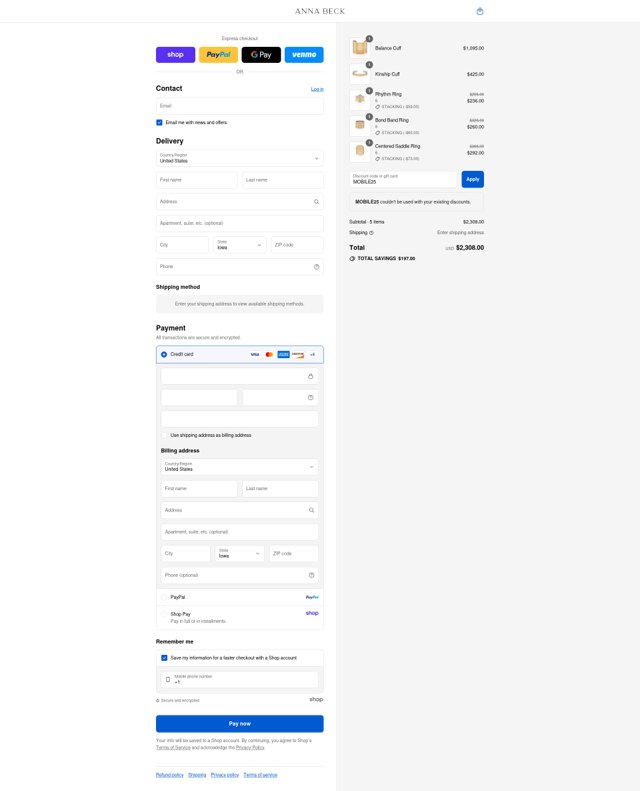 Anna Beck checkout page showing Anna Beck discount code box | Screenshot taken by SimplyCodes community member on Sep 1, 2025
