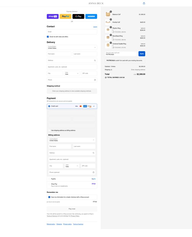 Anna Beck checkout page showing Anna Beck discount code box | Screenshot taken by SimplyCodes community member on Aug 28, 2025