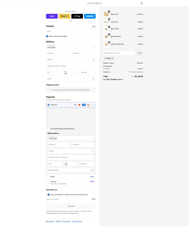 Anna Beck checkout page showing Anna Beck discount code box | Screenshot taken by SimplyCodes community member on Sep 1, 2025