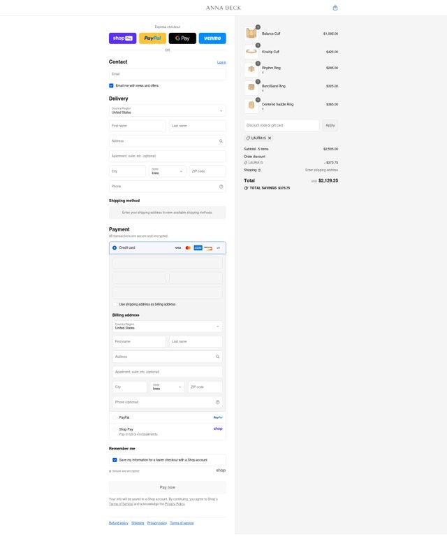 Anna Beck checkout page showing Anna Beck discount code box | Screenshot taken by SimplyCodes community member on Aug 28, 2025