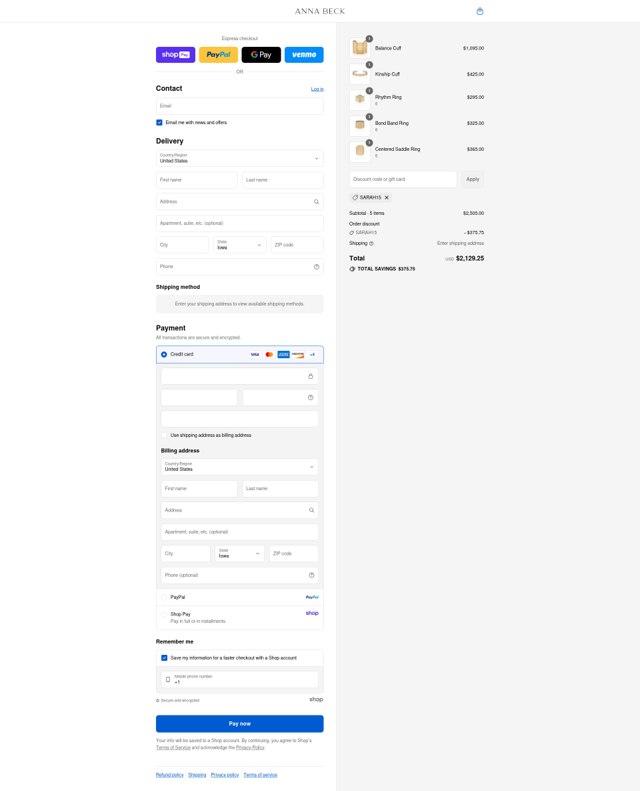 Anna Beck checkout page showing Anna Beck discount code box | Screenshot taken by SimplyCodes community member on Aug 28, 2025
