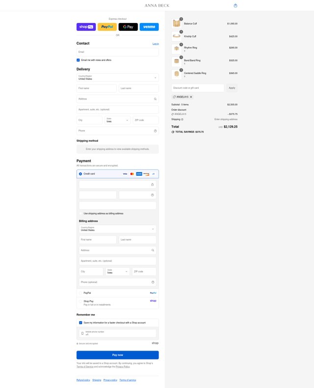Anna Beck checkout page showing Anna Beck discount code box | Screenshot taken by SimplyCodes community member on Aug 28, 2025