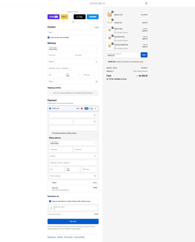 Anna Beck checkout page showing Anna Beck discount code box | Screenshot taken by SimplyCodes community member on Aug 28, 2025
