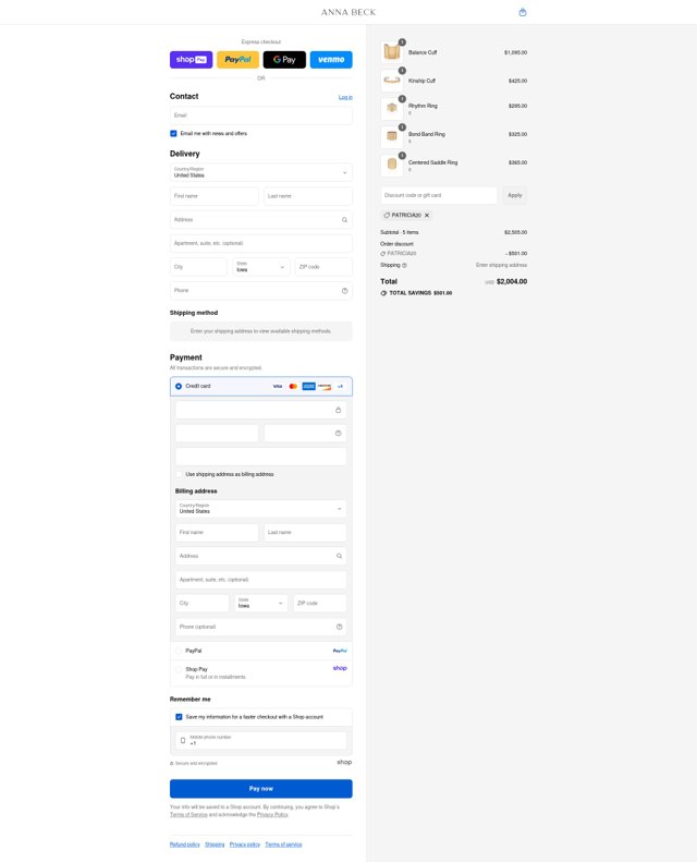 Anna Beck checkout page showing Anna Beck discount code box | Screenshot taken by SimplyCodes community member on Aug 28, 2025