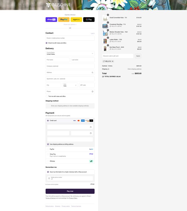 Anuschka checkout page showing Anuschka discount code box | Screenshot taken by SimplyCodes community member on Aug 22, 2025