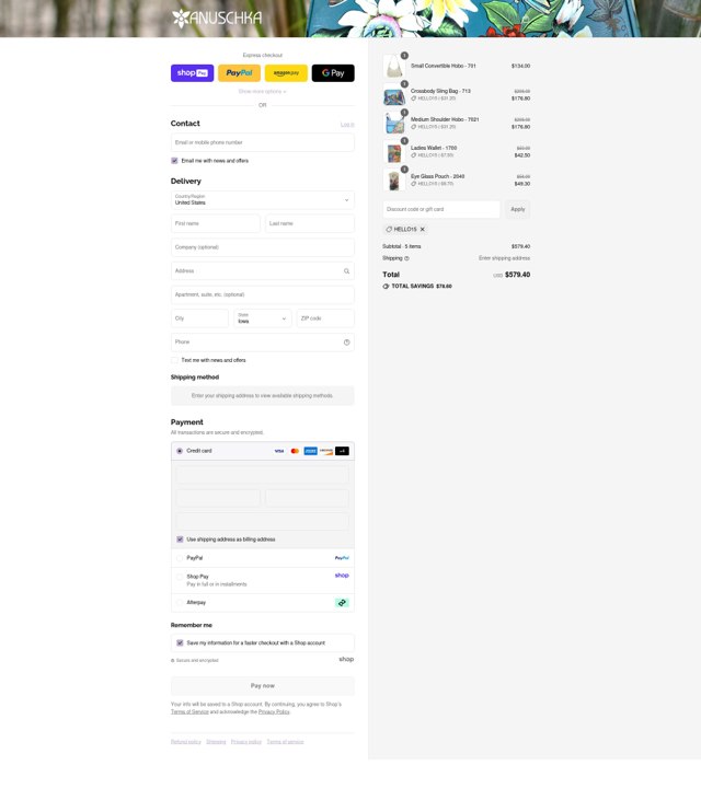 Anuschka checkout page showing Anuschka discount code box | Screenshot taken by SimplyCodes community member on Aug 22, 2025